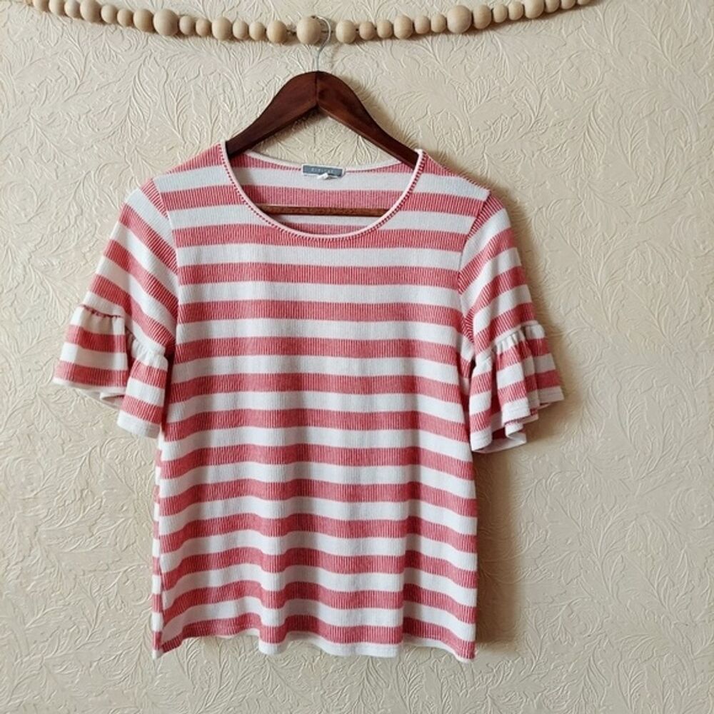 Pleione knit top red white stripe ruffle sleeve size small